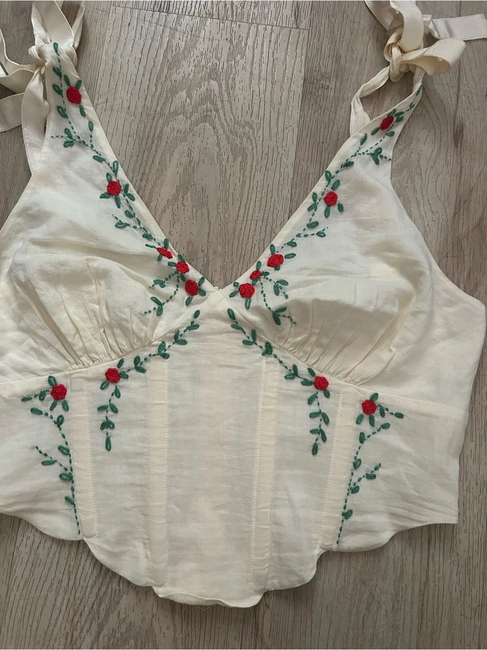 LPA White Embroidered V-Neck Corset Camisole with Red & Green Floral Detail - Picture 3 of 7